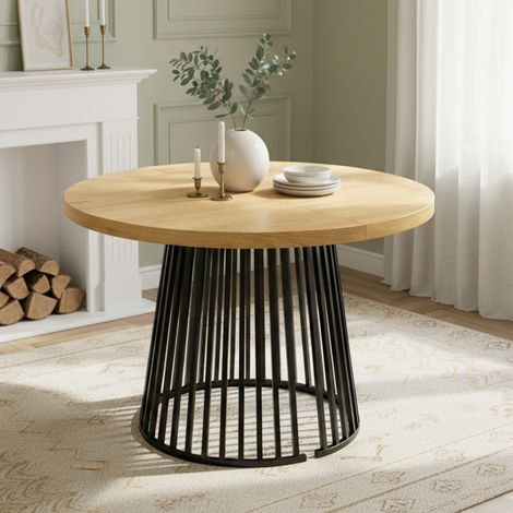 Tavolo da pranzo allungabile 100/138/176 cm per 4-8 persone, piano spesso 3 cm, in MDF effetto rovere e metallo. (1/5)