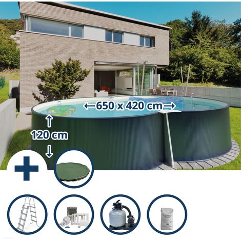 Stahlwandpool Set (6-teilig) hoch achtform 650x420x120 cm, Stahl 0,4 mm anthrazit Folie 0,4 mm sand (1/5)