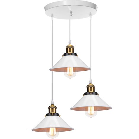 3-Flammige Pendelleuchte Vintage Hängeleuchte Loft Eisen Regenschirm E27 Höhenverstellbar für Küche Wohnzimmer Esszimmer Cafét - Weiß (Runde Basis)
