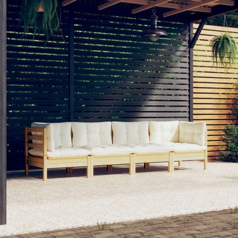 Salon de jardin 4 pcs,Mobilier de terrasse,Table et Chaise pour Relax avec coussins crème Bois de pin massif -YZ165243 (1/5)