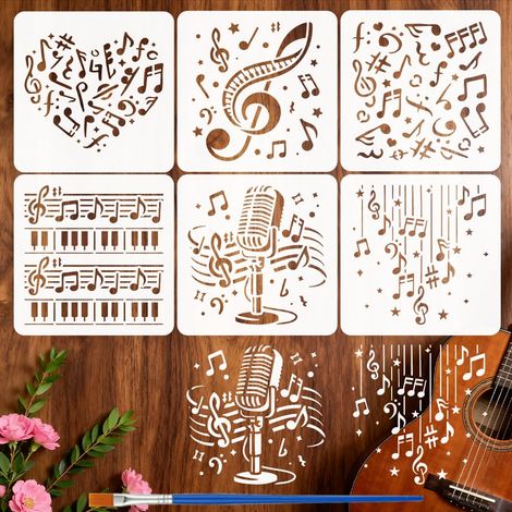 6 Styles Pochoirs Notes de Musique Avec Pinceau 15x15cm Pochoirs Motif Portée Musicale Pochoir Pet Touches Piano Pochoir Microphone Modèle Thèmes Musicaux pour Bois Carrelage Mur Scène (1/5)