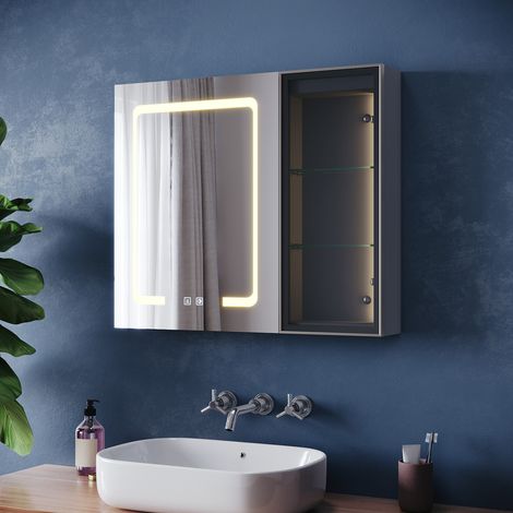 SONNI Badezimmer LED-Spiegelschrank mit Anti-Beschlag, Glasablage, Dimmbaren LED-Lichtern und Rasiersteckdose, 700x600x130mm, Marokkanisches Grau (1/5)