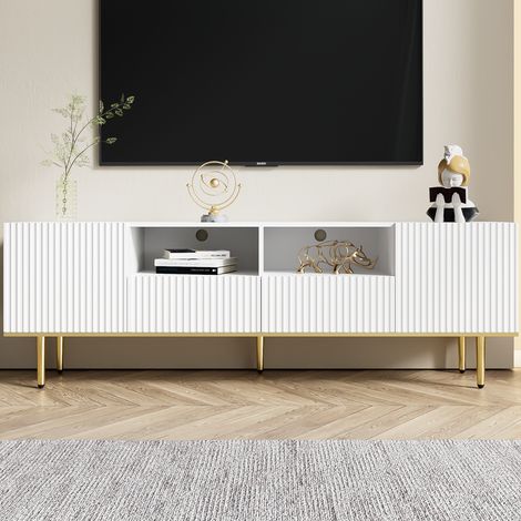 Eifson – Meuble TV blanc 165 cm – 2 tiroirs et 2 compartiments ouverts – Pieds dorés – Dimensions 165x36x55 cm – Pour salon et chambre (1/5)