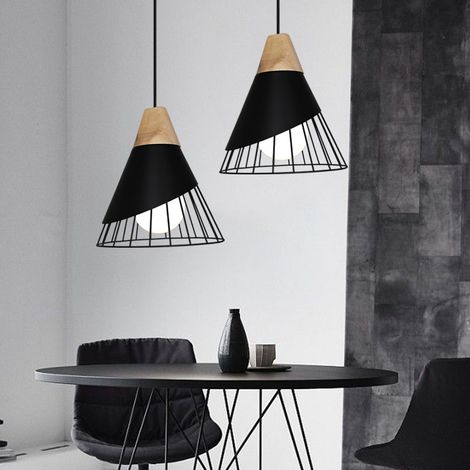 Lot de 2 Lustre Suspension Industrielle E27 Cage en Forme Badminton en Fer et Bois Lampe Style Contemporain Moderne Artistique pour Chambre Salon Cuisine Noir (1/5)