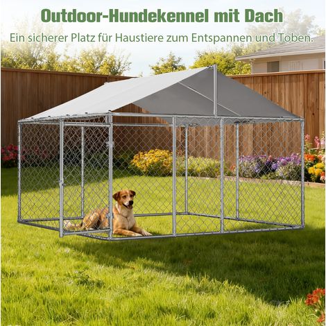 Jaula para perros exterior (230x230x117 cm), techo impermeable y resistente a los rayos UV, acero galvanizado, plata (1/5)