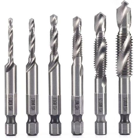 Lot de 6 Forets Taraudeurs Combinés M3 M4 M5 M6 M8 M10 avec Tige Hexagonale 6 mm, Kit Taraudage, Taraud Machine, Revêtement Antirouille, pour Perçage et Taraudage Simultané, Outils Multifonction (1/5)