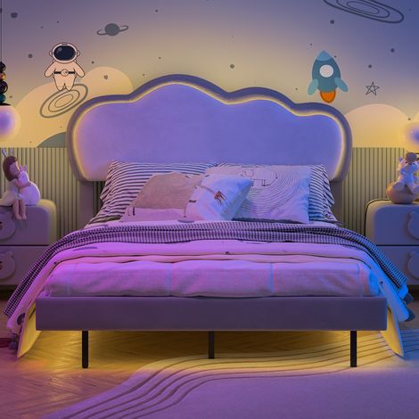 Letto singolo imbottito 140x200 cm per bambini, letto da bambina con illuminazione a LED e app di controllo, letto per bambini dal design a nuvola, testiera regolabile in altezza, velluto grigio e bia