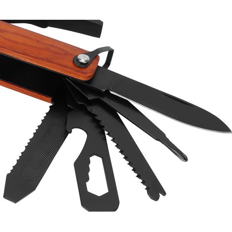 Hache-marteau multifonction 15 en 1 pour le camping et la survie : tournevis, pince, ouvre-bouteille (aspect bois) (1/5)