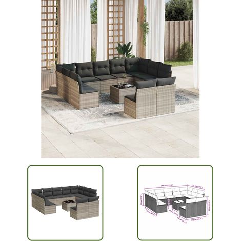 vidaXL 12-tlg. Garten-Sofagarnitur mit Kissen Hellgrau Poly Rattan