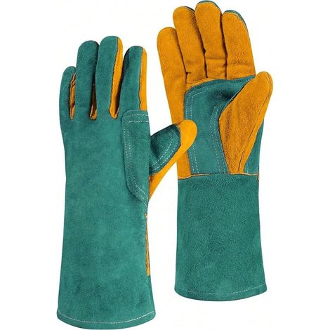 Gants de soudage MIG en cuir, résistants à la chaleur et au feu, pour soudage, grillades, BBQ, cheminée, vert (1/4)