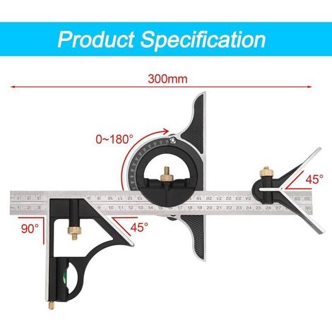 Équerre Combinée en Métal Règle de Menuiserie Multifonction Règle d'angle de Combinaison avec Rapporteur d'Angle à Niveau à Nulle Tête Droite 300 mm (1/3)