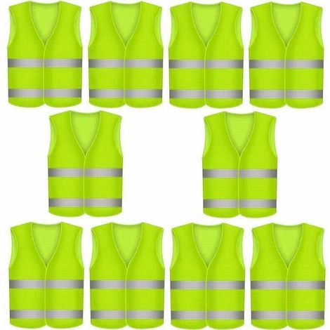 Gilets de Sécurité Réfléchissants Haute Visibilité - Lot de 10 Gilets Réfléchissants Jaunes pour Cyclisme, Moto et Visibilité en Voiture - Fluorescents et Très Visibles