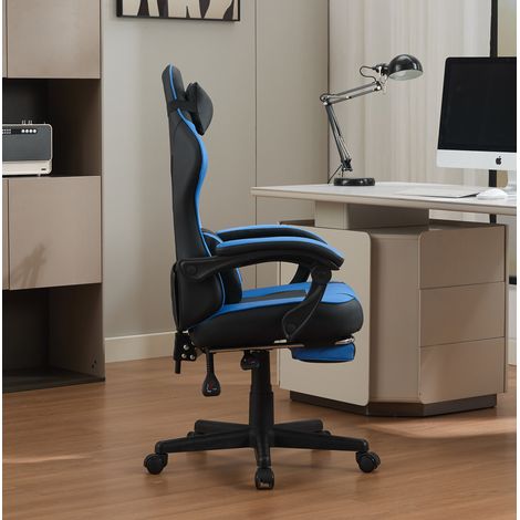 Silla gaming con bolsillo trasero, cilindro neumático de tres niveles, PVC negro y azul (1/5)