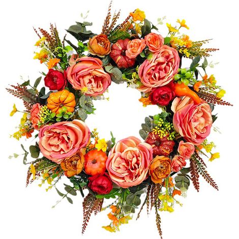 20 Inch Fall Wreaths Artificial Peonies Wreath with Pumpkins Eucalyptus Leaf Thanksgiving Wreath for Party Courtyard (1/2)