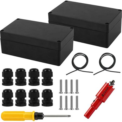 2 Boîtes Dérivation Étanche, Noir, avec Accessoires Boîte de dérivation étanche, plastique noir, pour extérieur. Protège les connexions électriques. Accessoires inclus. (1/5)