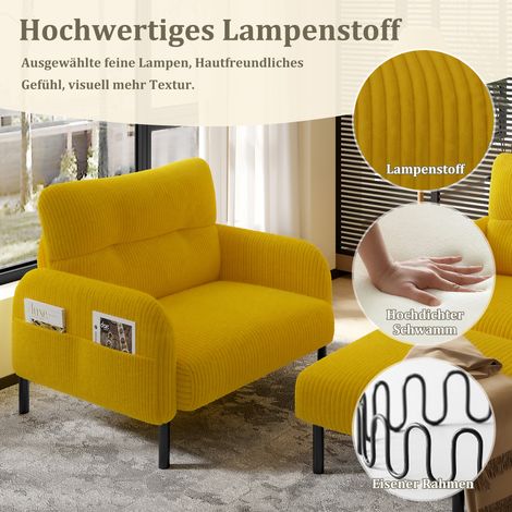 Lot de 3 sièges : fauteuil, pouf et canapé 2 places avec poche latérale, cadre en acier, dossier extra-doux, assise profonde, modulable pour salon, jaune moutarde (1/5)