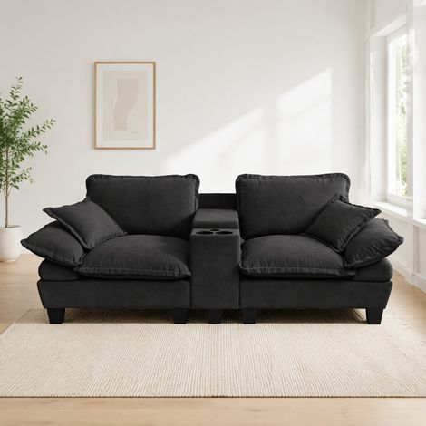 Sofá modular de chenilla con USB, almacenaje y portavasos, negro DESVIAE (1/5)