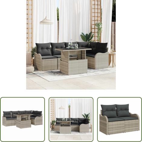 Außenesszimmer -  Essgruppe mit Kissen 6 pcs Hellgrau Poly Rattan (1/5)