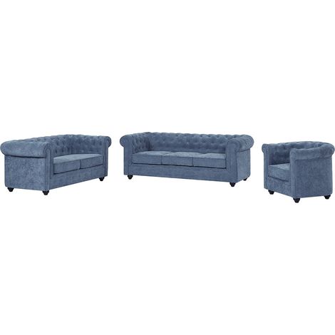 Divani 3 posti 2 posti e una poltrona in tessuto blu CHESTERFIELD