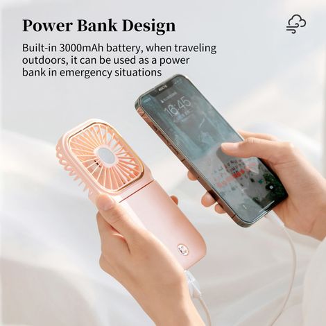 Mini ventilateur portable pliable à suspendre, rechargeable par USB, avec support pour téléphone, idéal pour les voyages et les activités de plein air. (1/5)