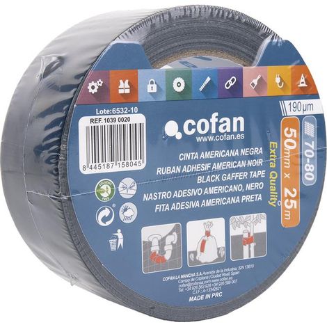 COFAN cinta americana negra 190 micras 50 mm x 25 m , Cinta americana de color negro, autoadhesiva y reforzada con una malla de fibra y recubierta de polietileno. Este producto es