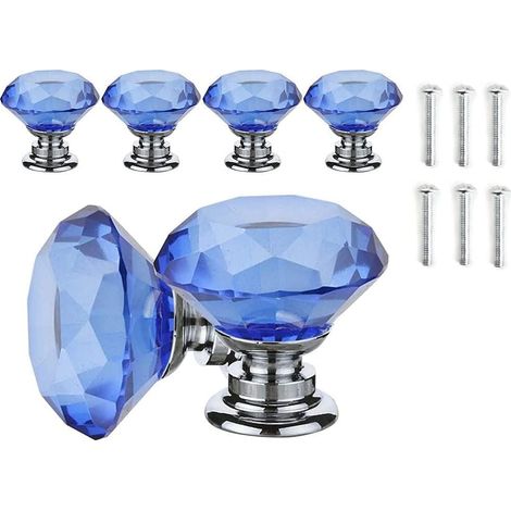 6 Pièces 30mm Bouton de Meuble Diamant Cristal Bleu Bouton de Tiroir Poignées Boutons de Portes pour Placards (1/5)