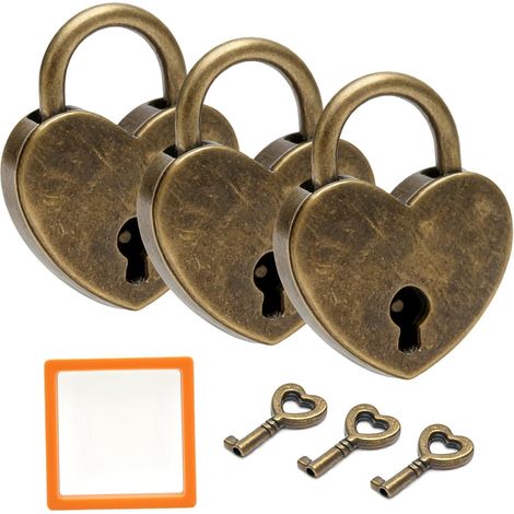 3PCS Cadenas Cœur Vintage avec Clé, Mini Cadenas en Forme de Cœur, Serrure Rétro Amoureux en Acier, Coffret Cadeau Romantique pour Boîte à Bijoux, Agenda, Tiroir, Saint Valentin, Anniversaire (1/5)