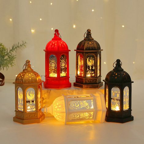 1 pièce lanterne bougie style château vintage Ramadan, décoration maison Aïd el-Fitr, lanterne hexagonale imprimée blanche en boîte. (1/5)