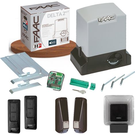 Faac – Kit de motorisation de portail coulissant 500Kg – Moteur électromécanique 230V – Poussée 45 daN – Vitesse d'ouverture 12m/min – Photocellules orientables