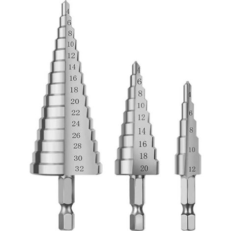 Foret Etagé, Foret Fraise Metal HSS 3PCS 4-12/20/32mm Meche Etage Perceuse Acier Fraise Forage Conique Triangle avec Revêtement Titane Visseuse Percage pour Acier/ Bois/Laiton/Plastique/PVC