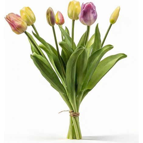 Bouquet de 7 Tulipes Artificielles Effet Naturel Pastel Jaune Lilas et Rose 42 cm - PANGIVO (1/3)