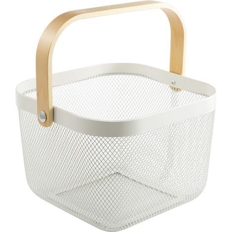 Lot de2 Panier de Rangement Décorative en Treillis Métallique avec Manche en Bois pour Cuisine, Salle de Bain - Blanc, 25 x 25 x 19cm (1/5)
