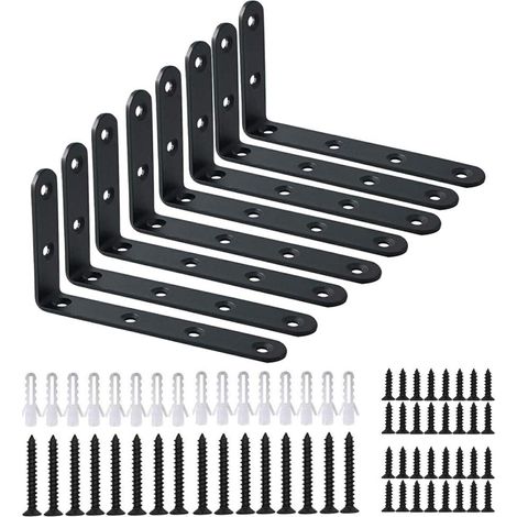 Staffa angolare a 8 pezzi, staffa angolare a L in acciaio nero resistente, staffa angolare decorativa, supporto per carico con viti (125 x 75 mm (5 pollici x 3 pollici))
