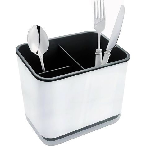 Escurridor de cubiertos, organizador de tenedores y cucharas con 3 compartimentos y bandeja de drenaje, para cuchillos, tenedores y cucharas, cesta de secado para fregadero (negro) (1/5)