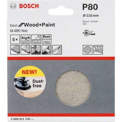 Bosch 2608621135 Hojas de lija M480 Best Wood and Paint 115mm G80 5 uds (1/4)