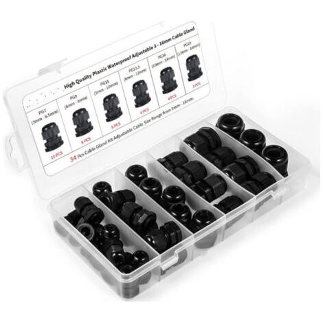 Kabelverschraubungen, Packung mit 34 wasserdichten Kunststoff-Kabelverschraubungen, PG7, PG9, PG11, PG13,5, PG16, PG19 (1/4)