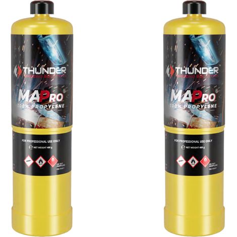 Pack 2 Cartuchos Gas MAPRO THUNDER 400g  1982°C  Soldadura Fuerte y Blanda  Alta Pureza Profesional (Norma EN12205)