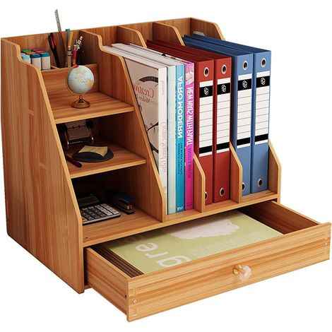 1 Organiseur de bureau, bois naturel, 9 niveaux, tiroir, étagères, porte-stylos, maison, école (1/5)