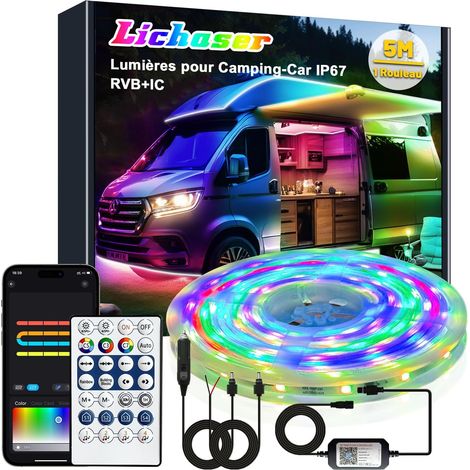 12V Bande LED Camping Car IP67, Lampes éclairage pour Camping Car RGB+IC avec Application et Télécommande, Convient pour l'éclairage Intérieur et extérieur des Caravanes de Camping-car (5m) (1/5)