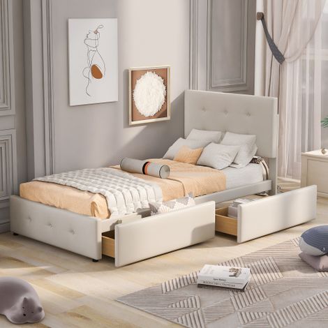 Letto imbottito 90 x 200 cm, letto con rete a doghe, testiera e due cassetti, tessuto in velluto delicato sulla pelle, letto singolo piatto beige, letto per bambini, letto per ragazzi, letto per ospit (1/5)