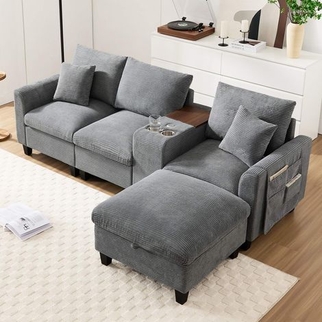 Canapé modulable 4 places en velours côtelé kaki, méridienne, porte-gobelets, poches latérales, 3 coussins, 253x158x61 cm (1/5)