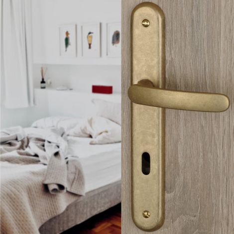 Ouvre&Déco – 2 poignées de porte VINTAGE entrée de clé, Laiton brut laqué mat entraxe 195 mm