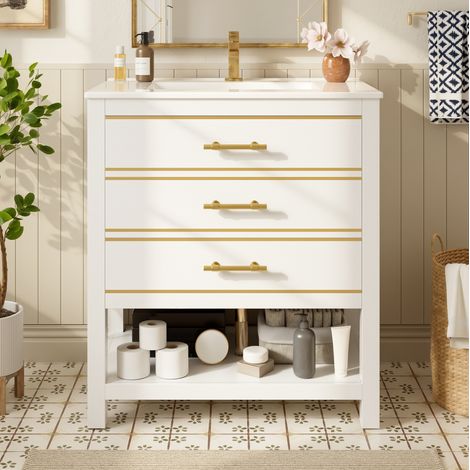 Waschtischunterschrank mit Keramikbecken 76 cm Weiß Gold OKMYHOME (1/5)