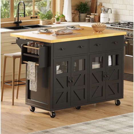 Hochwertige Kücheninsel, Multifunktionaler Servierwagen mit großem Stauraum, Mobiler Buffetschrank, Küchenwagen für Esszimmer,Wohnzimmer,Küche, Inklusive Bremsen und verstellbaren Fächern, Schwarz (1/5)