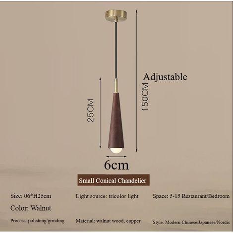 Suspension conique en noyer et cuivre, 1 lumière, 3 tons de lumière, style vintage (1/5)
