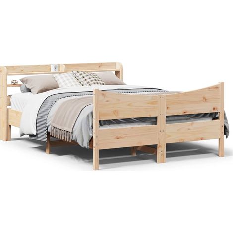 Cadre de Lit et Tête de Lit de 120x190 cm en Bois de Pin Massif avec Étagères de Rangement (1/4)