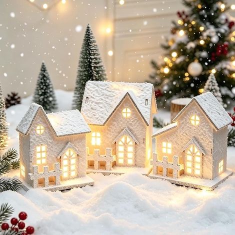 Villages de Noël en Bois avec éclairage, Maison de Noël Lumineuse Neige LED (1/5)