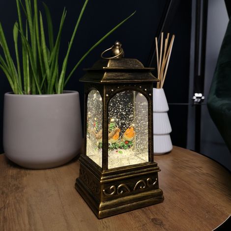 21cm Battery Operated Christmas Robin Scene Glitter Water Spinner Lantern Decoration (1/5)