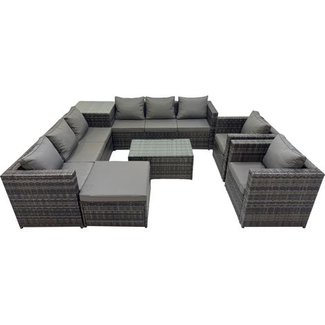 Fimous 9 Seater Garden Outdoor Rattan Furniture Set Patio Corner Sofa Rectangular Coffee Table with Big Stool Side Table Dark Grey (1/5)