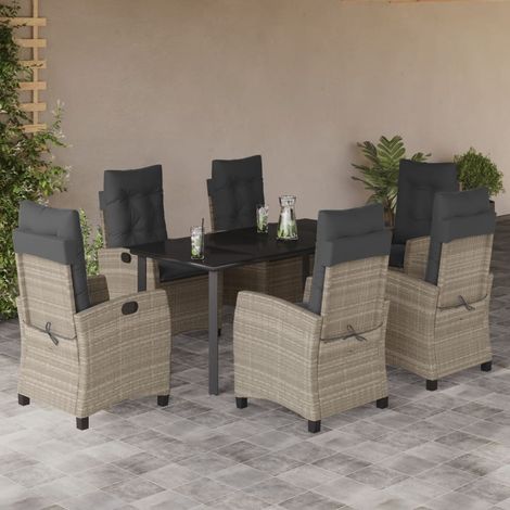 Set comedor jardín 7 pzas y cojines ratán sintético gris claro